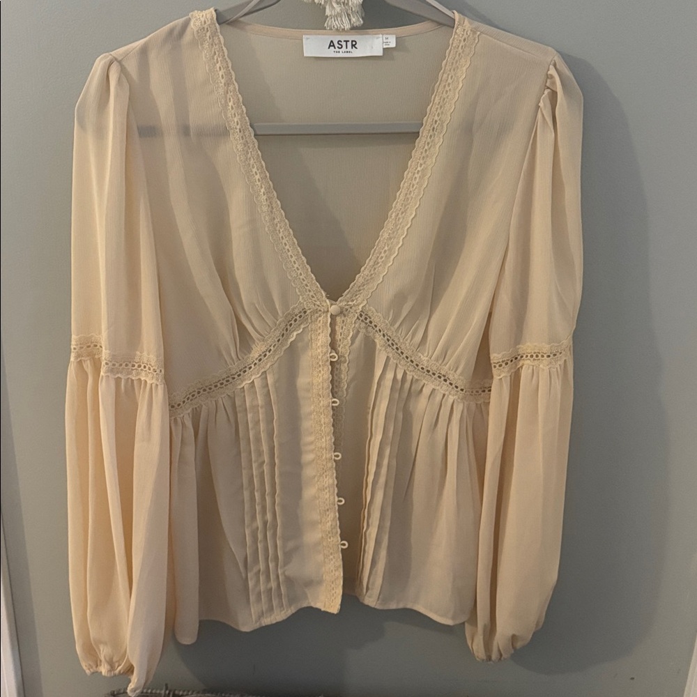 Astr The Label Button Down Blouse Sheer Cream Lace Details Elegant Boho NWOT